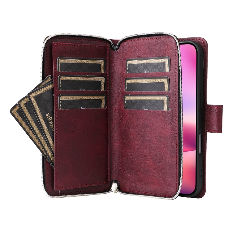 For iPhone 16 9 Card Slots Zipper Wallet Bag Leather Phone Case(Wine Red)