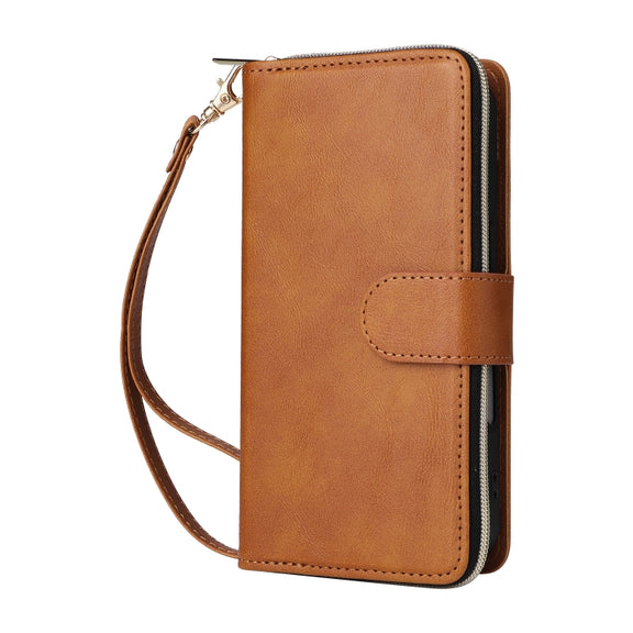 For iPhone 16 9 Card Slots Zipper Wallet Bag Leather Phone Case(Brown)
