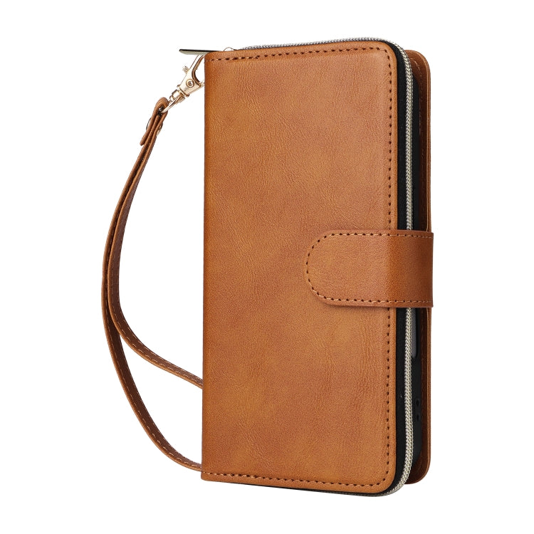 For iPhone 16 9 Card Slots Zipper Wallet Bag Leather Phone Case(Brown)
