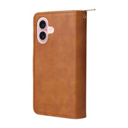 For iPhone 16 9 Card Slots Zipper Wallet Bag Leather Phone Case(Brown)