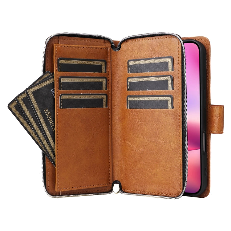 For iPhone 16 9 Card Slots Zipper Wallet Bag Leather Phone Case(Brown)