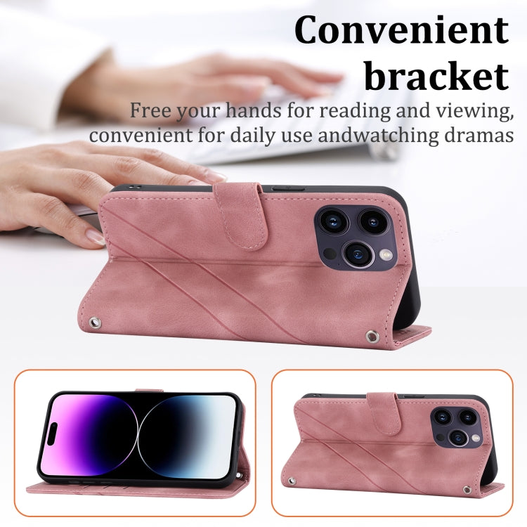 For iPhone 16 Pro Embossed Line Leather Phone Case with Lanyard(Pink) - iPhone 16 Pro Cases by PMC TechLife | Online Shopping South Africa | PMC TechLife | Buy Now Pay Later Mobicred