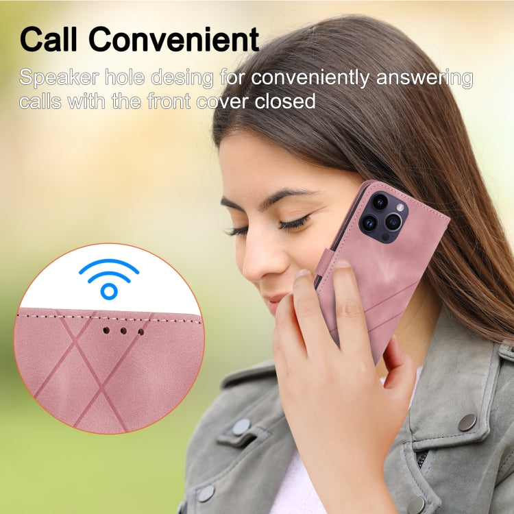 For iPhone 16 Pro Embossed Line Leather Phone Case with Lanyard(Pink) - iPhone 16 Pro Cases by PMC TechLife | Online Shopping South Africa | PMC TechLife | Buy Now Pay Later Mobicred