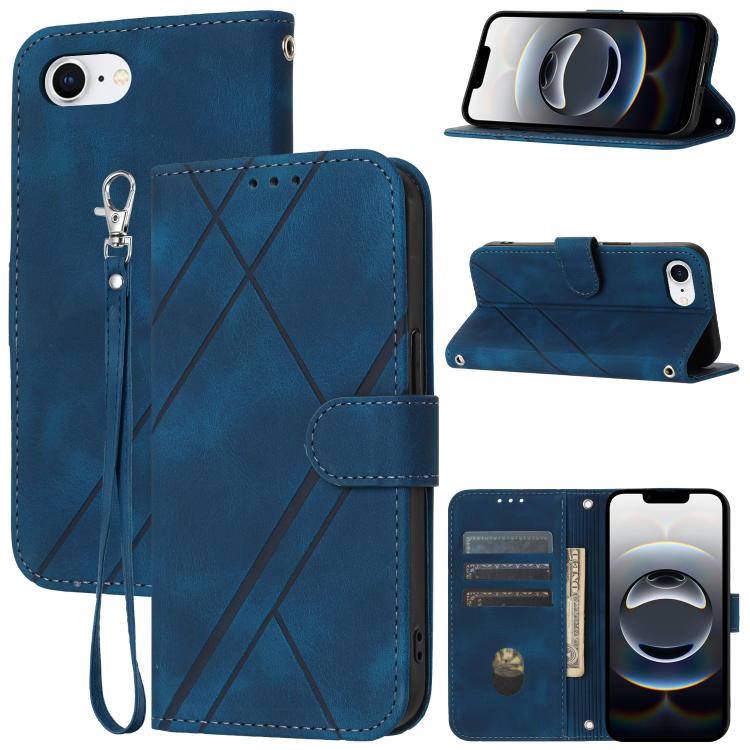 For iPhone 16e Embossed Line Leather Phone Case with Lanyard(Blue) - iPhone 16e Cases by PMC TechLife | Online Shopping South Africa | PMC TechLife | Buy Now Pay Later Mobicred