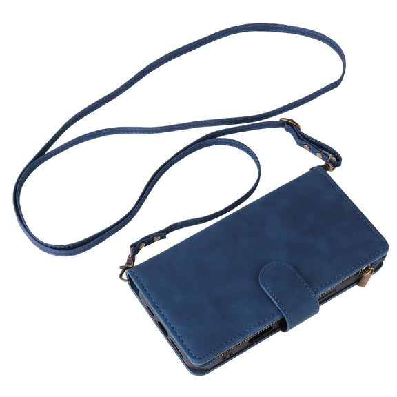 For iPhone 16 Plus Crossbody Multi-card Slot Wallet Zipper Leather Phone Case(Dark Blue)
