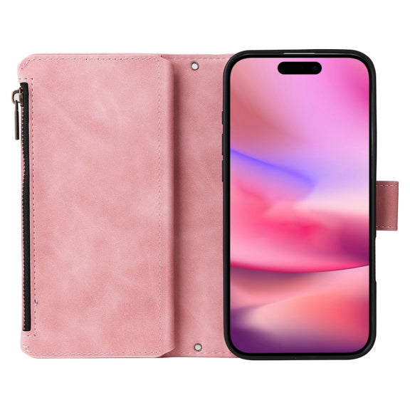 For iPhone 16 Plus Crossbody Multi-card Slot Wallet Zipper Leather Phone Case(Pink)