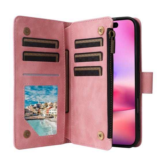 For iPhone 16 Plus Crossbody Multi-card Slot Wallet Zipper Leather Phone Case(Pink)