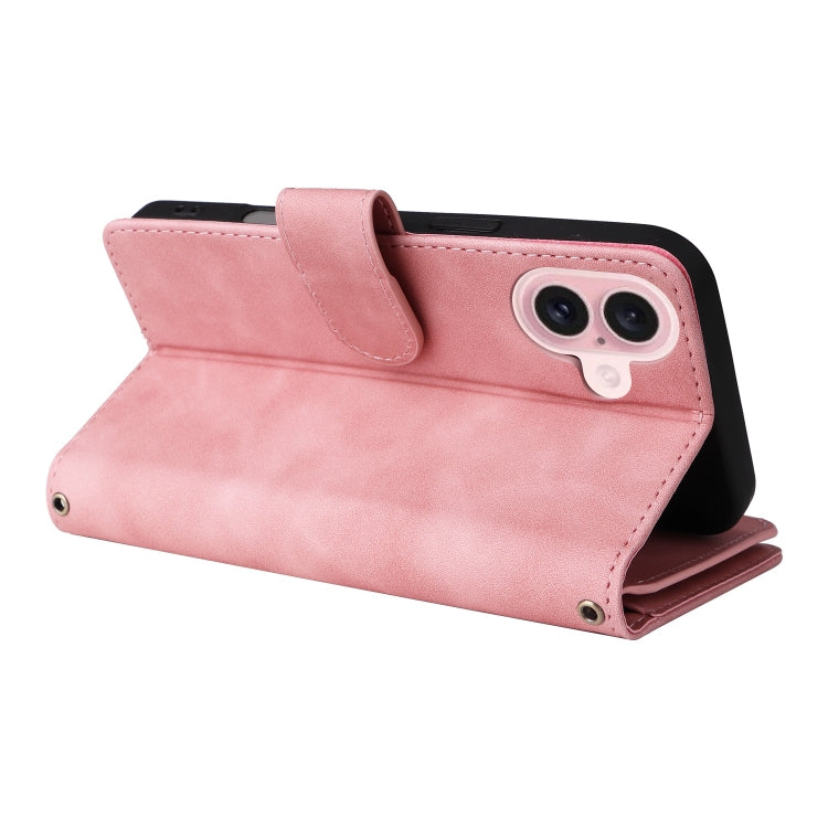 For iPhone 16 Plus Crossbody Multi-card Slot Wallet Zipper Leather Phone Case(Pink)