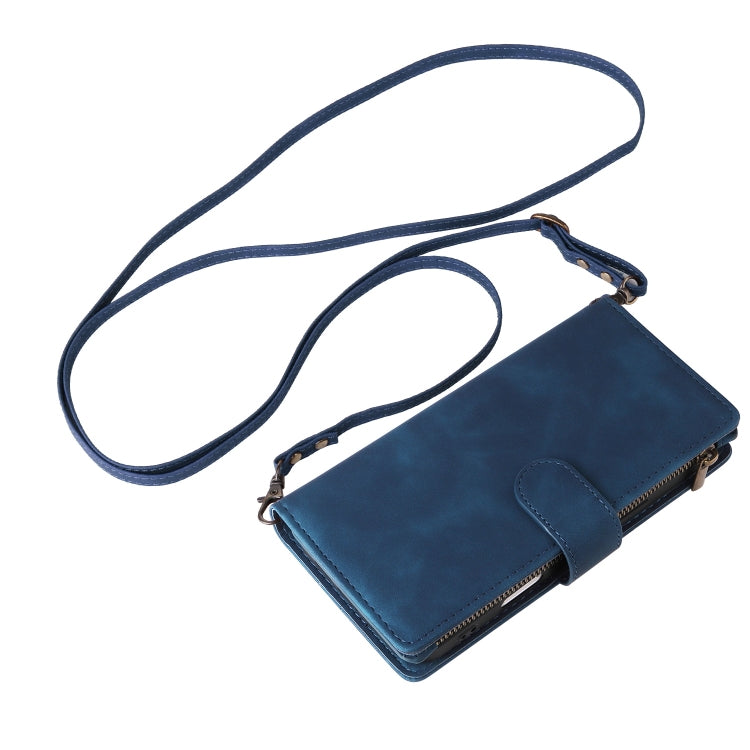 For iPhone 16 Pro Crossbody Multi-card Slot Wallet Zipper Leather Phone Case(Dark Blue)