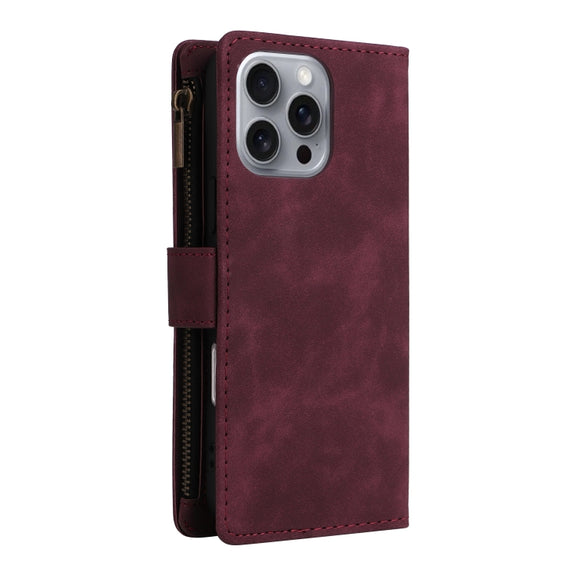 For iPhone 16 Pro Max Crossbody Multi-card Slot Wallet Zipper Leather Phone Case(Wine Red)