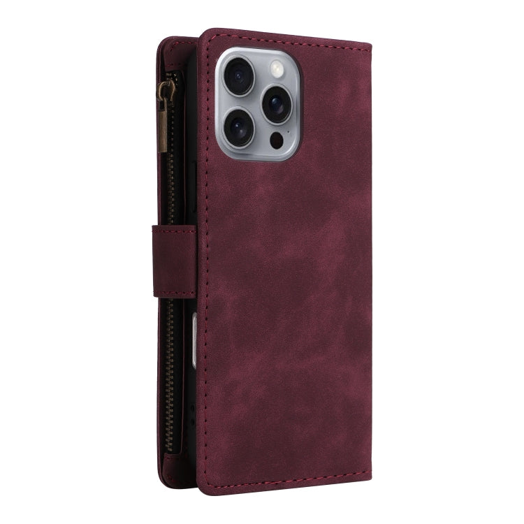 For iPhone 16 Pro Max Crossbody Multi-card Slot Wallet Zipper Leather Phone Case(Wine Red)