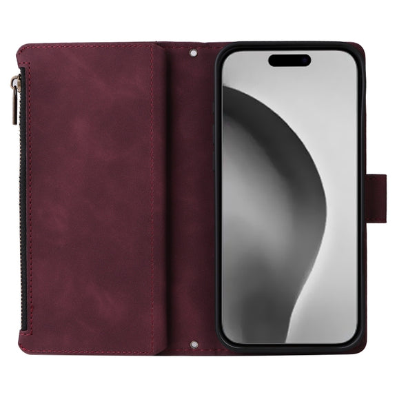 For iPhone 16 Pro Max Crossbody Multi-card Slot Wallet Zipper Leather Phone Case(Wine Red)