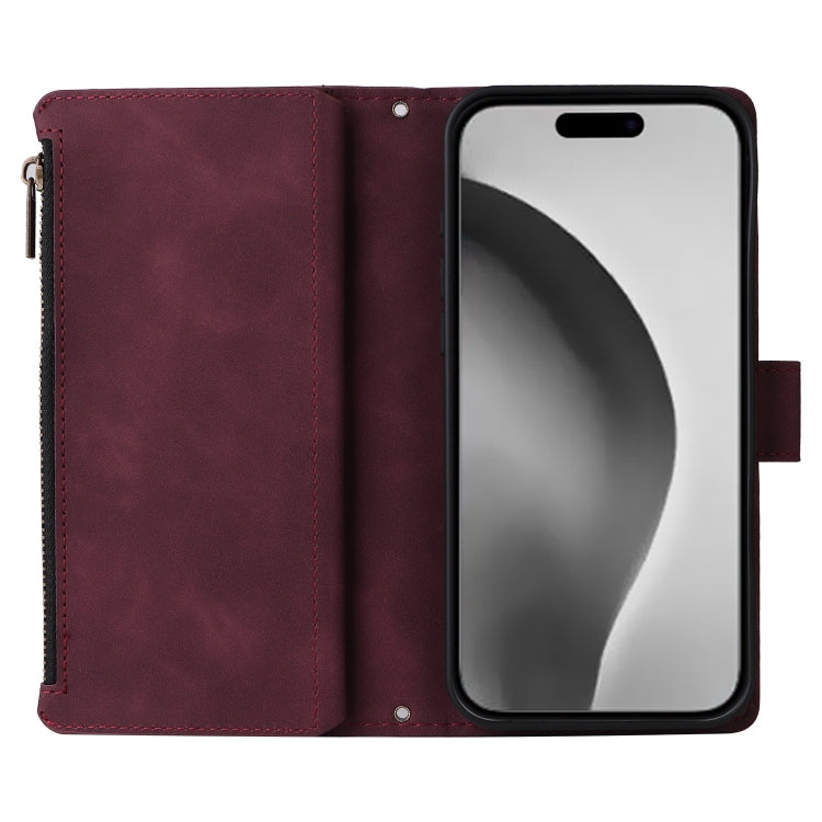 For iPhone 16 Pro Max Crossbody Multi-card Slot Wallet Zipper Leather Phone Case(Wine Red)