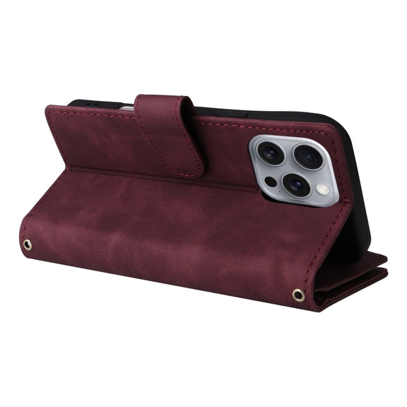 For iPhone 16 Pro Max Crossbody Multi-card Slot Wallet Zipper Leather Phone Case(Wine Red)