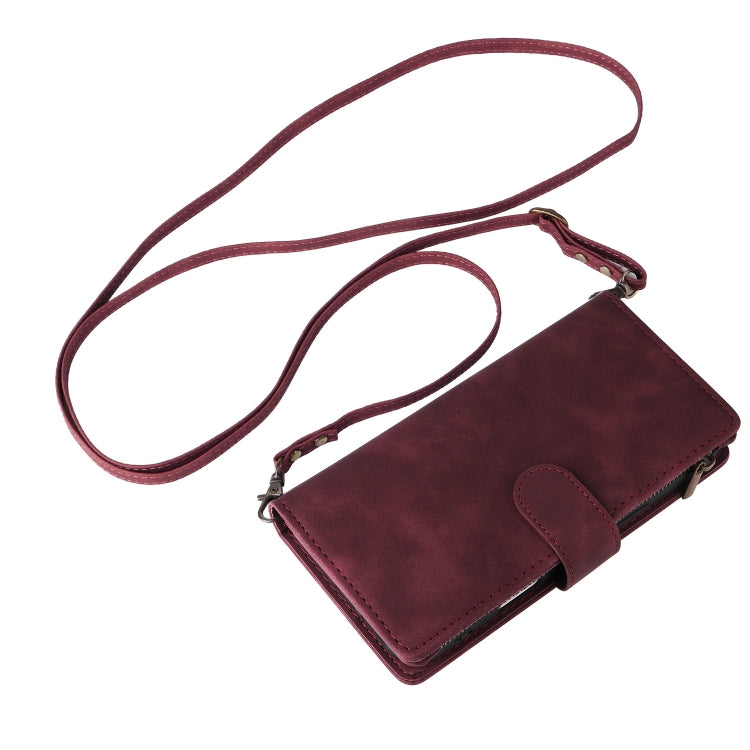 For iPhone 16 Pro Max Crossbody Multi-card Slot Wallet Zipper Leather Phone Case(Wine Red)