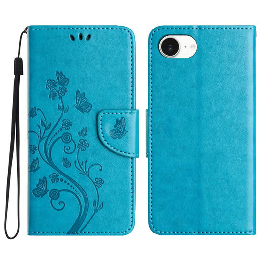 For iPhone 16e Butterfly Flower Pattern Flip Leather Phone Case(Blue) - iPhone 16e Cases by PMC Jewellery | Online Shopping South Africa | PMC Jewellery | Buy Now Pay Later Mobicred
