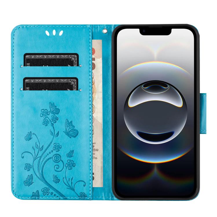 For iPhone 16e Butterfly Flower Pattern Flip Leather Phone Case(Blue) - iPhone 16e Cases by PMC Jewellery | Online Shopping South Africa | PMC Jewellery | Buy Now Pay Later Mobicred