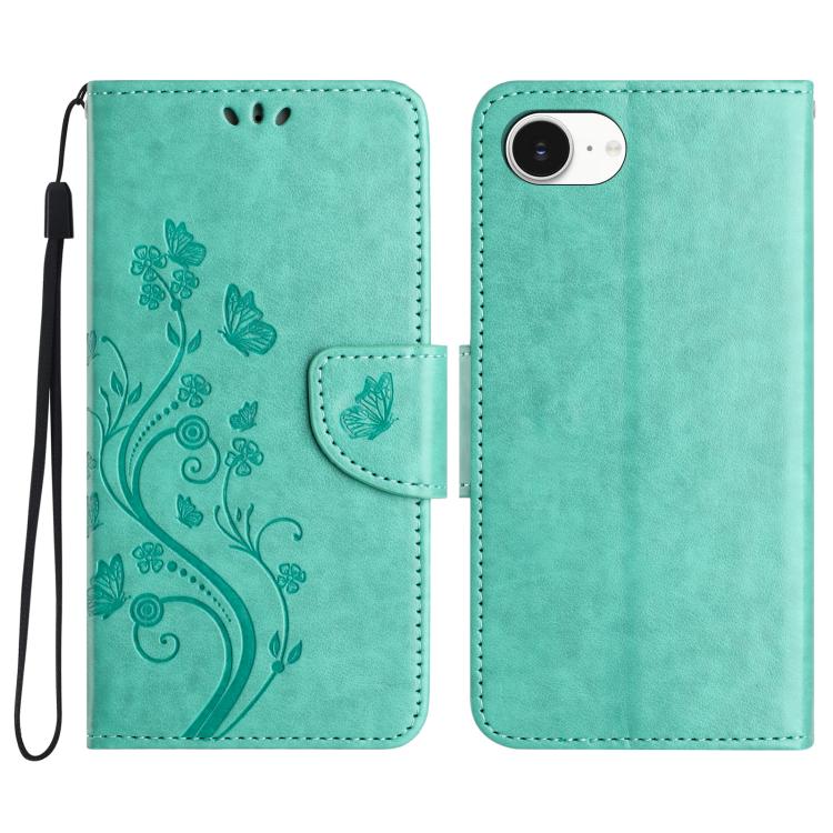 For iPhone 16e Butterfly Flower Pattern Flip Leather Phone Case(Green) - iPhone 16e Cases by PMC Jewellery | Online Shopping South Africa | PMC Jewellery | Buy Now Pay Later Mobicred