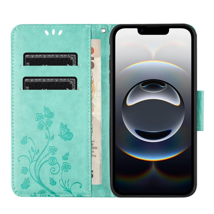 For iPhone 16e Butterfly Flower Pattern Flip Leather Phone Case(Green) - iPhone 16e Cases by PMC Jewellery | Online Shopping South Africa | PMC Jewellery | Buy Now Pay Later Mobicred