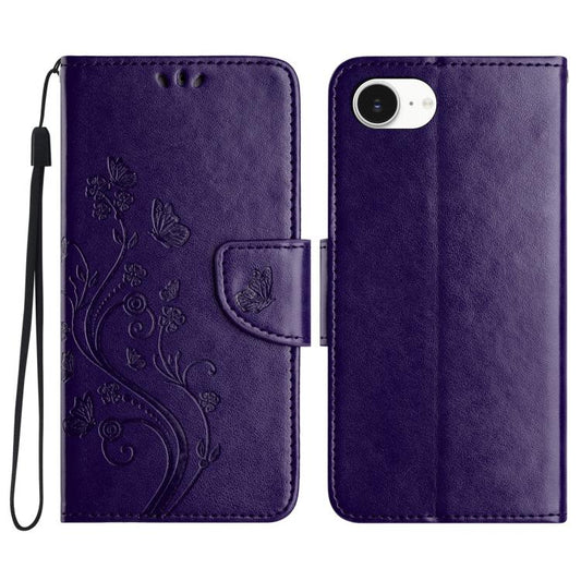 For iPhone 16e Butterfly Flower Pattern Flip Leather Phone Case(Dark Purple) - iPhone 16e Cases by PMC Jewellery | Online Shopping South Africa | PMC Jewellery | Buy Now Pay Later Mobicred