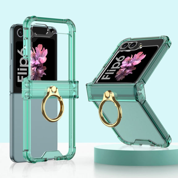 For Samsung Galaxy Z Flip6 Gkk Airbag Hinge Silicone Phone Case with Ring Holder(Transparent Green)
