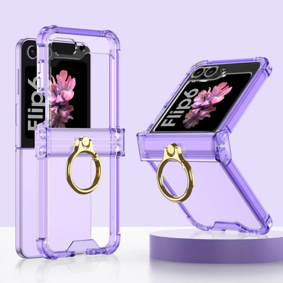For Samsung Galaxy Z Flip6 Gkk Airbag Hinge Silicone Phone Case with Ring Holder(Transparent Purple)