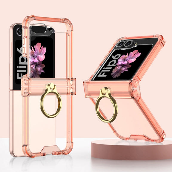 For Samsung Galaxy Z Flip6 Gkk Airbag Hinge Silicone Phone Case with Ring Holder(Transparent Orange)