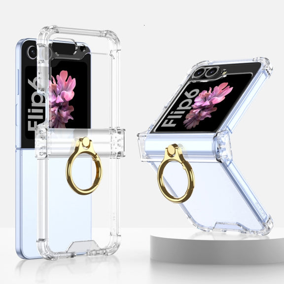 For Samsung Galaxy Z Flip6 Gkk Airbag Hinge Silicone Phone Case with Ring Holder(Transparent)