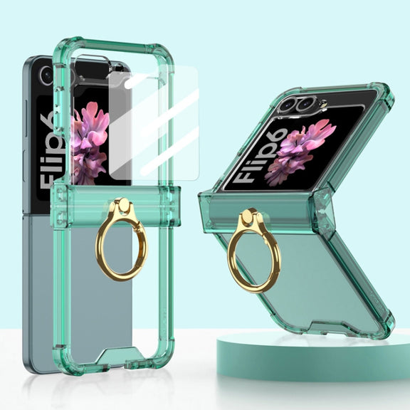 For Samsung Galaxy Z Flip6 Gkk Airbag Hinge Silicone Phone Case with Ring Holder & Tempered Film(Transparent Green)