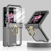 For Samsung Galaxy Z Flip6 / Flip7 FE Gkk Airbag Hinge Silicone Phone Case with Ring Holder & Tempered Film(Transparent Black)