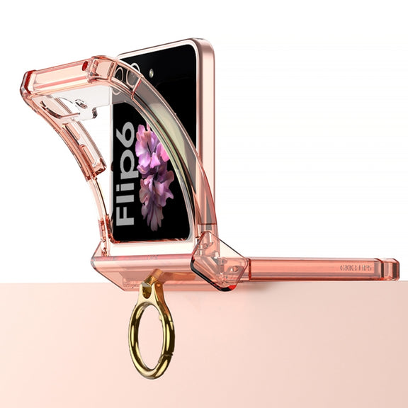 For Samsung Galaxy Z Flip6 Gkk Airbag Hinge Silicone Phone Case with Ring Holder & Tempered Film(Transparent Purple)