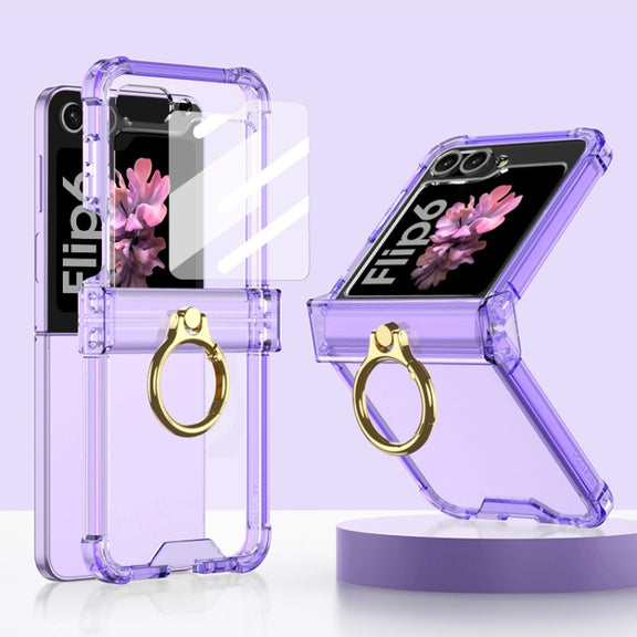 For Samsung Galaxy Z Flip6 Gkk Airbag Hinge Silicone Phone Case with Ring Holder & Tempered Film(Transparent Purple)