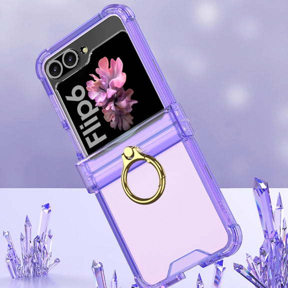 For Samsung Galaxy Z Flip6 Gkk Airbag Hinge Silicone Phone Case with Ring Holder & Tempered Film(Transparent Purple)