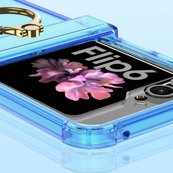 For Samsung Galaxy Z Flip6 Gkk Airbag Hinge Silicone Phone Case with Ring Holder & Tempered Film(Transparent Purple)
