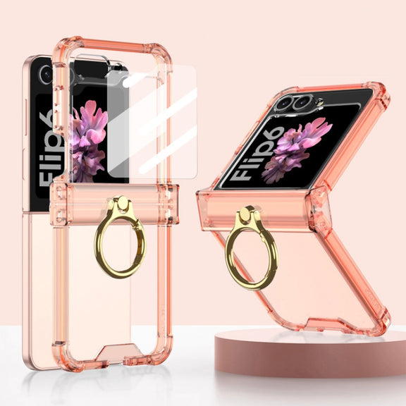 For Samsung Galaxy Z Flip6 Gkk Airbag Hinge Silicone Phone Case with Ring Holder & Tempered Film(Transparent Orange)