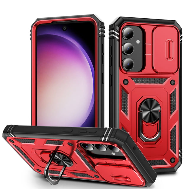 For Samsung Galaxy S23 FE 5G Sliding Camshield TPU + PC Phone Case with Holder(Red+Black)