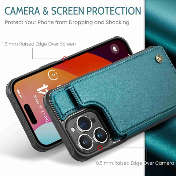 For iPhone 15 Pro Max CaseMe C22 Card Slots Holder RFID Anti-theft Phone Case(Blue Green)