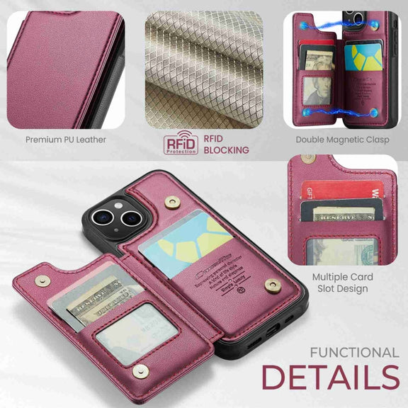 For iPhone 15 CaseMe C22 Card Slots Holder RFID Anti-theft Phone Case(Wine Red)