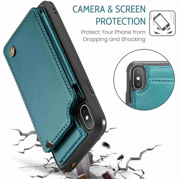 For iPhone XS / X CaseMe C22 Card Slots Holder RFID Anti-theft Phone Case(Blue Green)