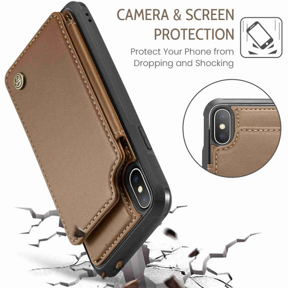 For iPhone XS / X CaseMe C22 Card Slots Holder RFID Anti-theft Phone Case(Brown)