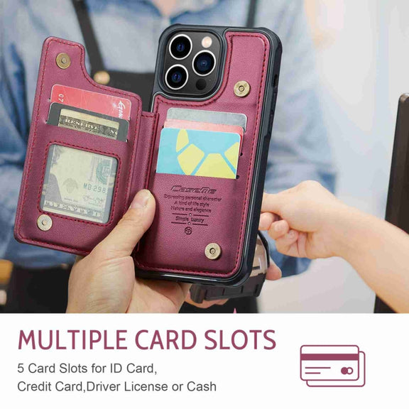 For iPhone 13 Pro Max CaseMe C22 Card Slots Holder RFID Anti-theft Phone Case(Wine Red)