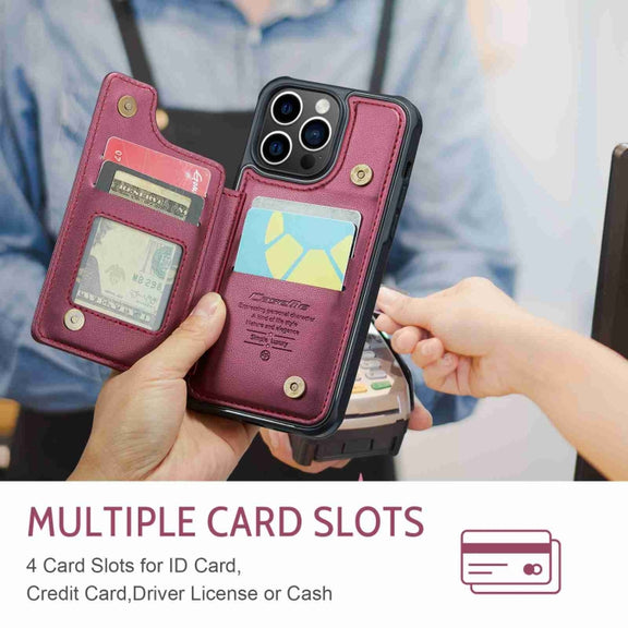 For iPhone 14 Pro Max CaseMe C22 Card Slots Holder RFID Anti-theft Phone Case(Wine Red)