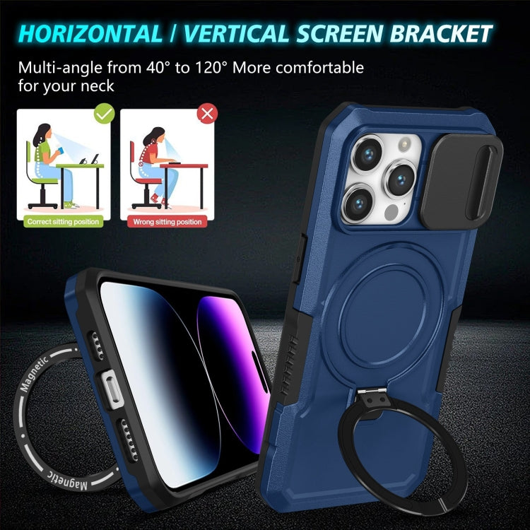 For iPhone 15 Pro Sliding Camshield Magsafe Holder TPU Hybrid PC Phone Case(Royal Blue)