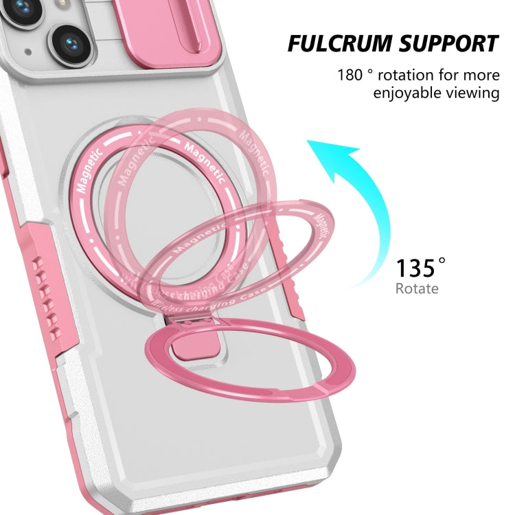 For iPhone 14 Sliding Camshield Magsafe Holder TPU Hybrid PC Phone Case(Pink White) - iPhone 14 Cases by PMC TechLife | Online Shopping South Africa | PMC TechLife