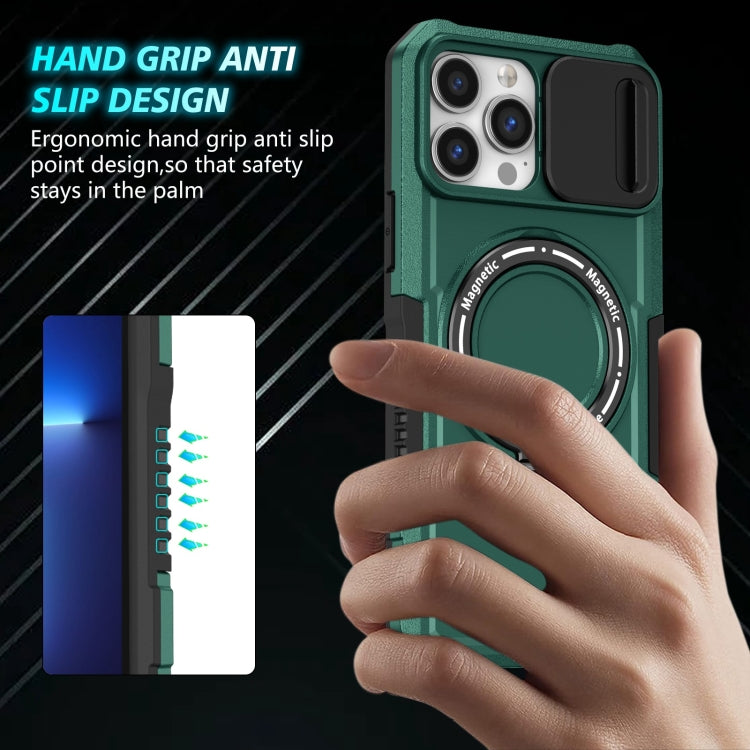 For iPhone 13 Pro Max Sliding Camshield Magsafe Holder TPU Hybrid PC Phone Case(Deep Green) - iPhone 13 Pro Max Cases by PMC TechLife | Online Shopping South Africa | PMC TechLife