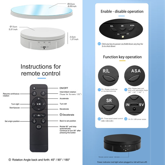 22cm Mirror Electric Rotating Display Stand Live Video Shooting Props Turntable With Remote Control(White)