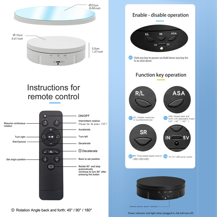 22cm Mirror Electric Rotating Display Stand Live Video Shooting Props Turntable With Remote Control(White)