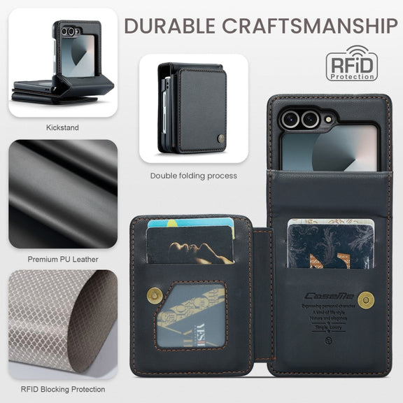 For Samsung Galaxy Z Flip6 5G CaseMe C22 PC+TPU Business Style RFID Anti-theft Leather Phone Case(Black)