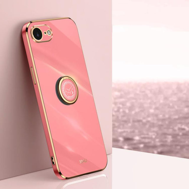 For iPhone 16e XINLI Straight Edge 6D Electroplate TPU Phone Case with Ring Holder(Hawthorn Red)