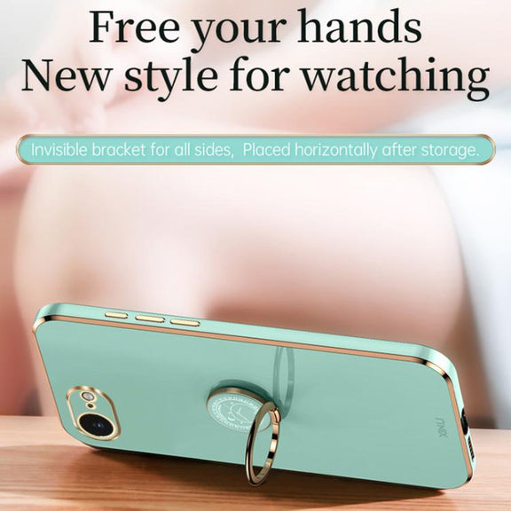 For iPhone 16e XINLI Straight Edge 6D Electroplate TPU Phone Case with Ring Holder(Mint Green)